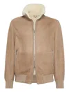 Brunello Cucinelli Bomber Jacket With Shearling Collar And Ribbed Finish In Brown