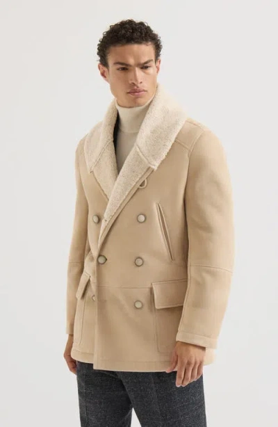 Brunello Cucinelli Suede Curly Shearling Pea Coat With Shawl Collar In Neutral