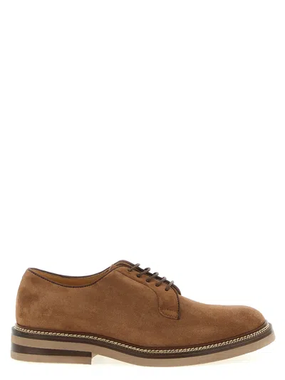 Brunello Cucinelli Suede Lace Up Shoes With Stacked Heel In Brown