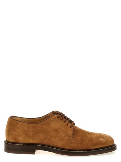 Brunello Cucinelli Suede Derby Lace Up Shoes In Chestnut