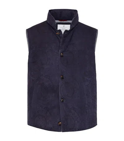 Brunello Cucinelli Suede Down-padded Paisley Gilet In Blue