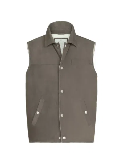 Brunello Cucinelli Suede Down Vest With Shirt-style Collar In Brown