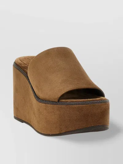 Brunello Cucinelli Suede Finish Platform Sole Open Toe Sandals In Brown