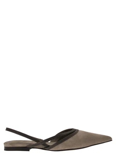 Brunello Cucinelli Suede Flats With Precious Straps In Turtle