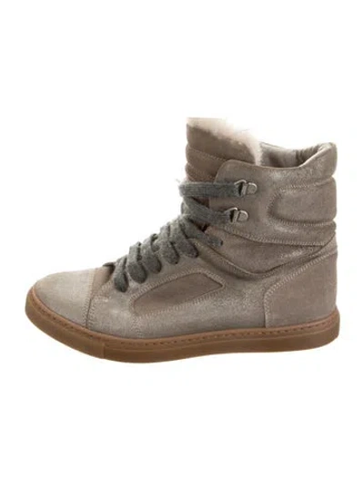 Pre-owned Brunello Cucinelli Suede Fur Trim Lace-up Boots In Neutrals