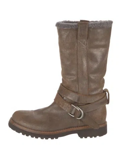 Pre-owned Brunello Cucinelli Suede Fur Trim Moto Boots In Brown