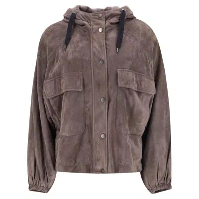 Pre-owned Brunello Cucinelli Suede Hooded Bomber With Mink Fur Lining In Gray