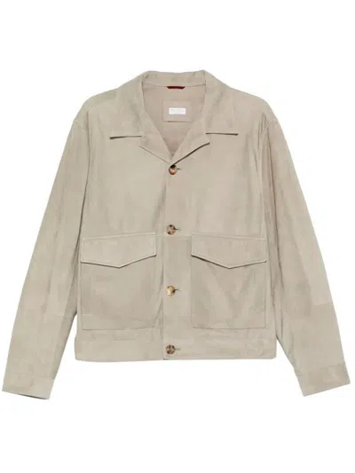 Brunello Cucinelli Suede Collared Jacket Long Sleeves Flap Pockets In Neutral