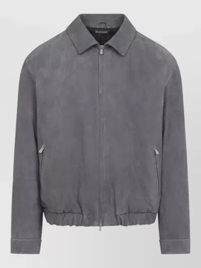 Brunello Cucinelli Suede Jacket Collared Design Elasticated Hem Pockets In Gray