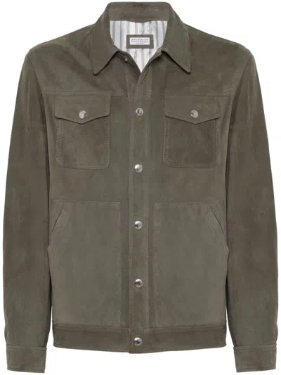 Brunello Cucinelli Press-stud Leather Jacket In Green