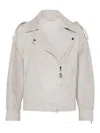 Brunello Cucinelli Embellished Herringbone Cotton And Linen-blend Biker Jacket In Grey