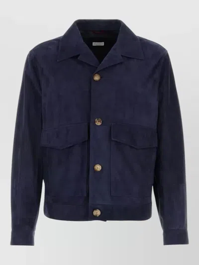Brunello Cucinelli Suede Jacket Large Pockets Point Collar In Blue