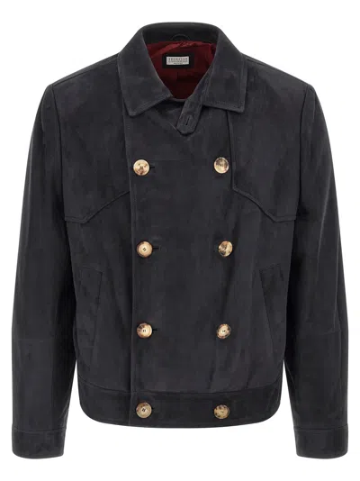 Brunello Cucinelli Suede Jacket Puffer Jackets Blue In Green