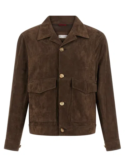 Brunello Cucinelli Long-sleeved Leather Jacket In Brown