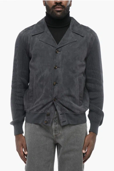 Brunello Cucinelli Suede Jacket With Knitted Sleeves In Gray
