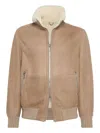 Brunello Cucinelli Suede Curly Shearling Bomber Jacket With Cashmere Knit Collar In Brown
