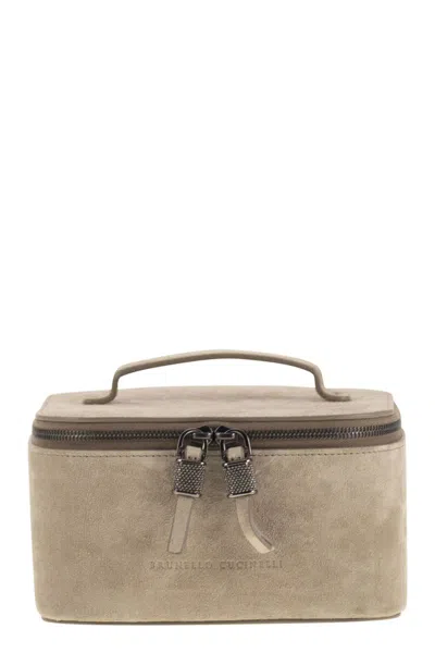 Brunello Cucinelli Suede Jewellery Box With Shiny Zip Pull In Neutral