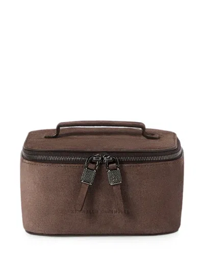 Brunello Cucinelli Suede Jewelry Box With Shiny Zipper Pull In Brown