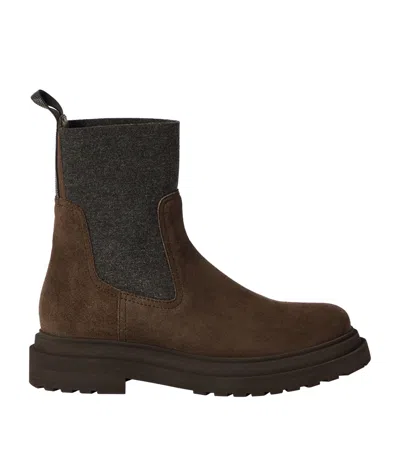 Brunello Cucinelli Suede Knit Ankle Boots In Black