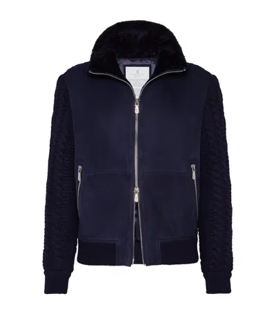 Brunello Cucinelli Suede Knit Insert Bomber Jacket In Blue