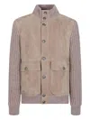 Brunello Cucinelli Bomber Jacket With Knitted Back And Textured Knit Sleeves In Brown