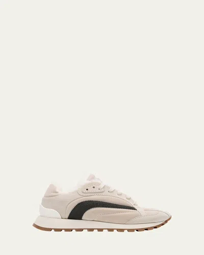 Brunello Cucinelli Suede Lace Up Sneaker With Shearling Lining In Stone