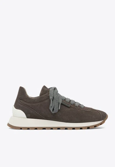Brunello Cucinelli Suede Lace-up Sneakers In Brown