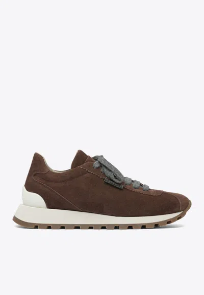 Brunello Cucinelli Suede Lace-up Sneakers In Brown