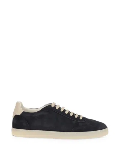 Brunello Cucinelli Low-top Suede Calfskin Trainers With Laminated Logo In Blue