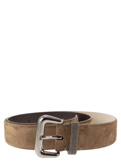 Brunello Cucinelli Suede Leather Belt With Jewelled Keeper In Brown
