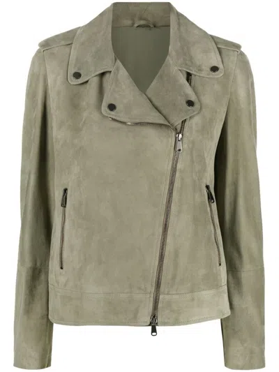 Brunello Cucinelli Suede Leather Biker Jacket In Green