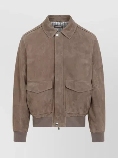 Brunello Cucinelli Leather Bomber Jacket Men In Multi