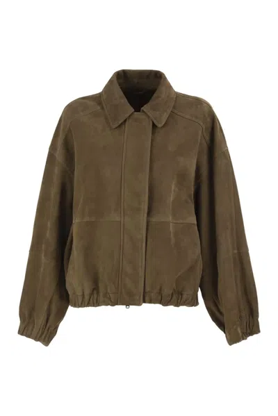 Brunello Cucinelli Suede Leather Bomber Jacket In Brown