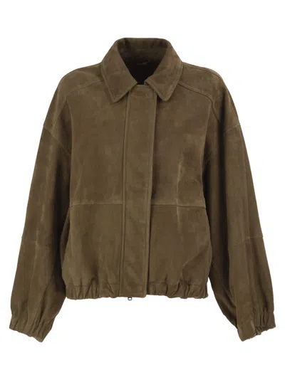 Brunello Cucinelli Suede Leather Bomber Jacket In Brown