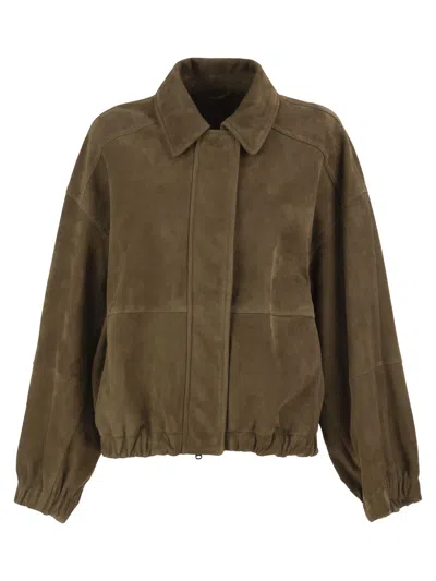 Brunello Cucinelli Suede Jacket With Classic Collar And Hidden Front In Brown