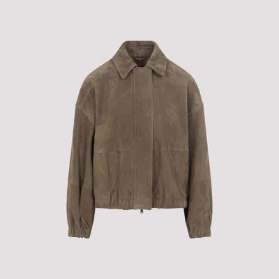 Brunello Cucinelli Long-sleeved Suede Leather Jacket In Brown