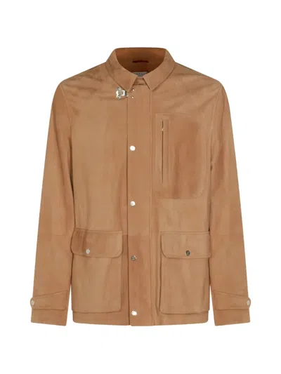 Brunello Cucinelli Suede Leather Jacket In Brown