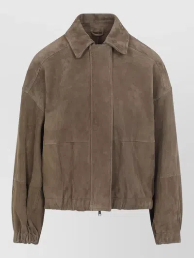 Brunello Cucinelli Suede Leather Jacket Collared Elasticated Cuffs In Brown