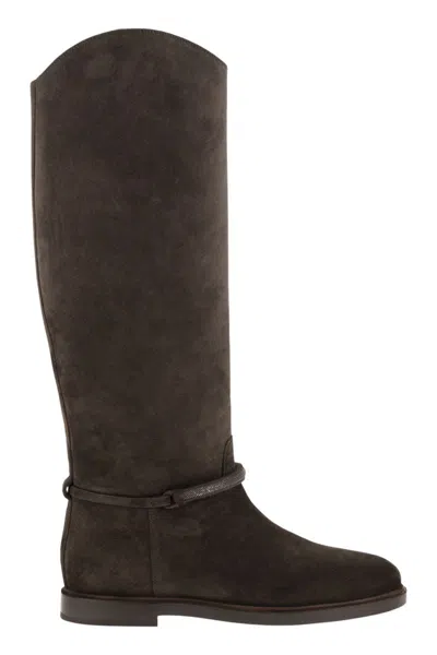 Brunello Cucinelli Suede Leather Knee-high Boots With Monili Detail In Brown