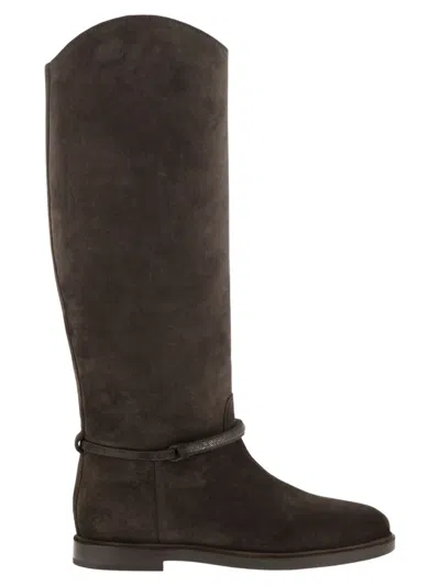 Brunello Cucinelli Suede Leather Knee-high Boots With Monili Detail In Multi