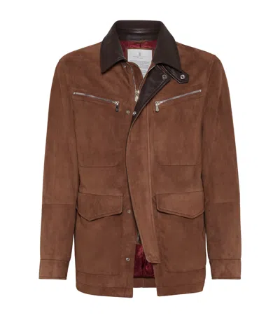 Brunello Cucinelli Suede Leather Padded Jacket In Brown
