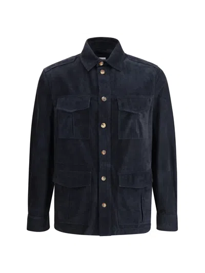 Brunello Cucinelli Men Suede Leather Shirt Jacket In Blue