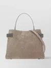 Brunello Cucinelli Suede Leather Shoulder Bag With Brass Inserts In Neutral