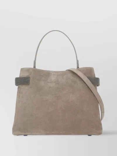 Brunello Cucinelli Suede Leather Shoulder Bag With Brass Inserts In Neutral