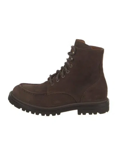 Pre-owned Brunello Cucinelli Suede Leather Trim Embellishment Combat Boots In Brown