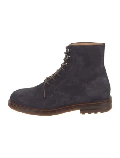 Pre-owned Brunello Cucinelli Suede Leather Trim Embellishment Hiking Boots In Blue
