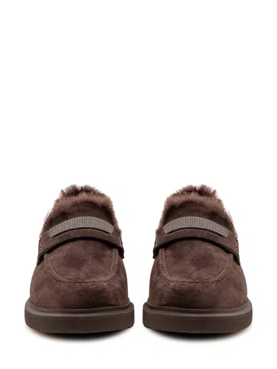 Brunello Cucinelli Suede Loafer With Shearling Trim In Brown