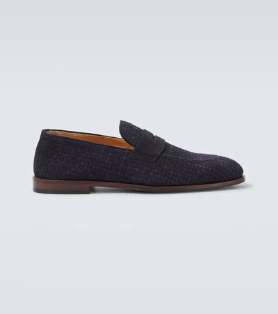 Brunello Cucinelli Leather-trimmed Suede Penny Loafers In Blue
