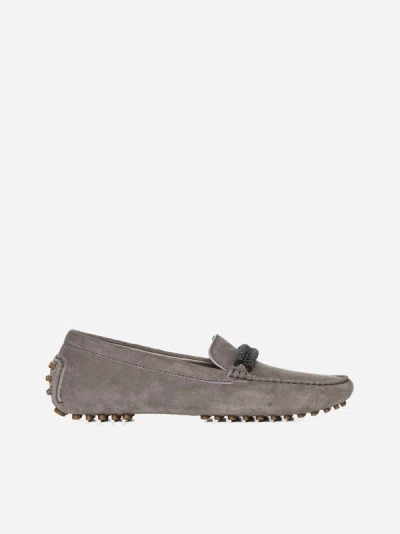 Brunello Cucinelli Buckle Loafers With Studded Sole And Suede Upper In Mud