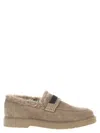 Brunello Cucinelli Suede Loafers With Monile Detail And Fur Lining In Neutral